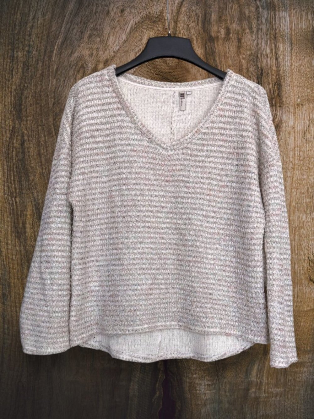 KUT from the Kloth Ivory Blush Marled Textured Relaxed V-Neck Cozy Sweater L